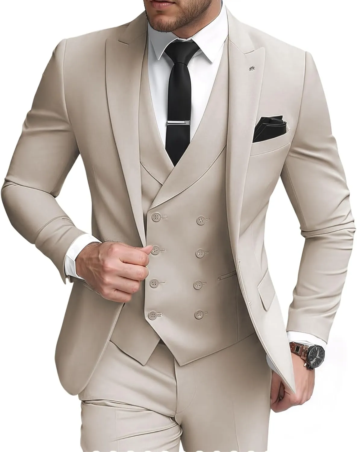 3 Piece Double Breasted Suits for Men Slim Fit Wedding Suit One Button Blazer Vest Pants Sets Formal Prom Suits