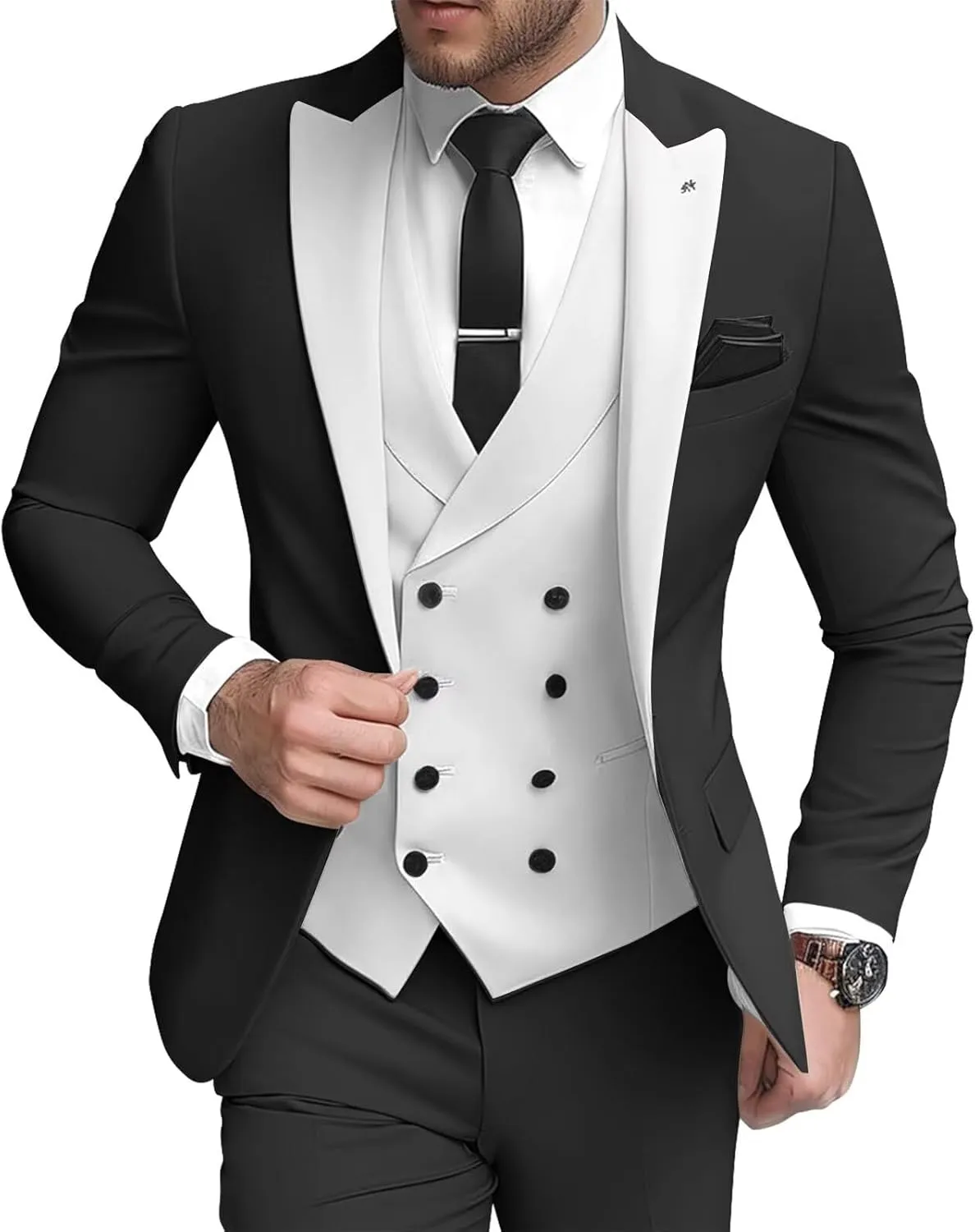 3 Piece Double Breasted Suits for Men Slim Fit Wedding Suit One Button Blazer Vest Pants Sets Formal Prom Suits
