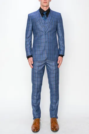 3 Piece Plaid Suit - Blue (072704)