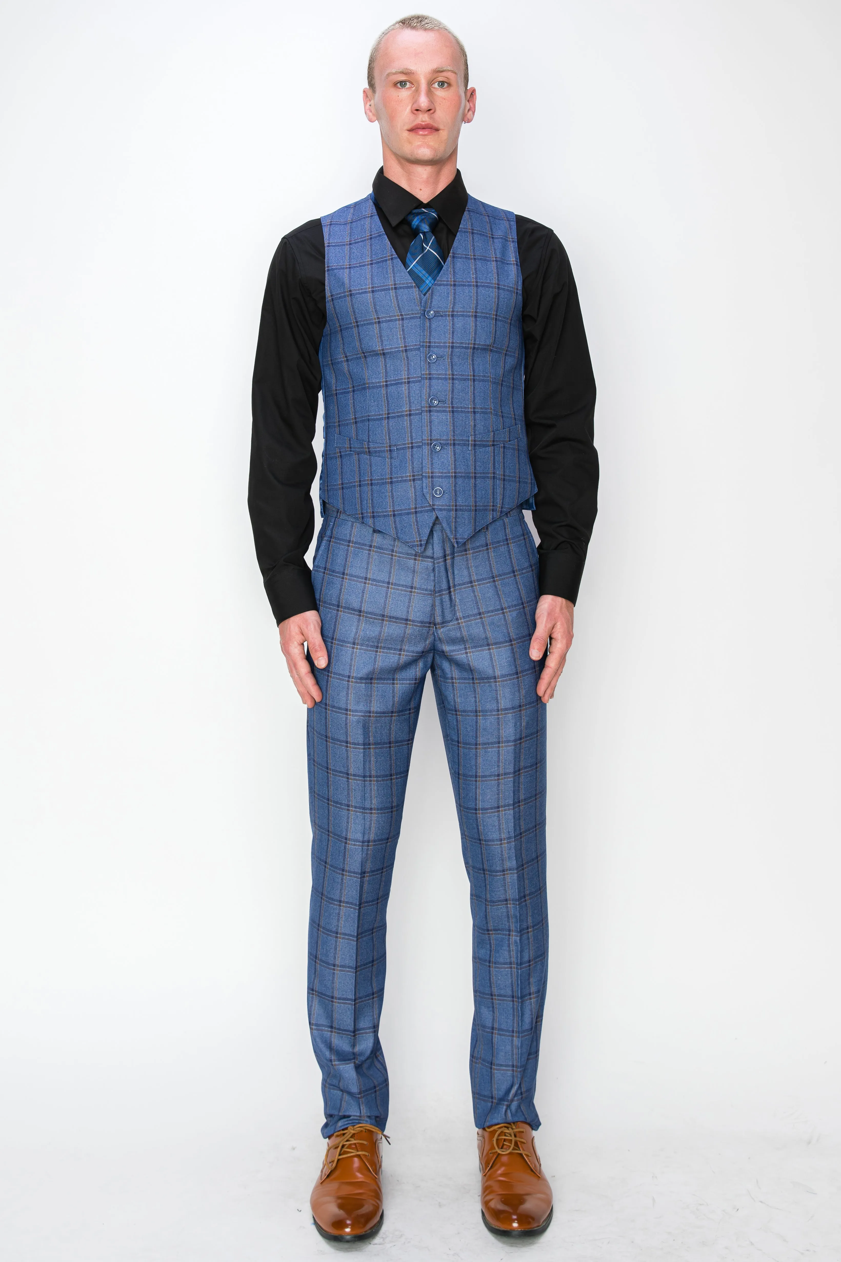 3 Piece Plaid Suit - Blue (072704)