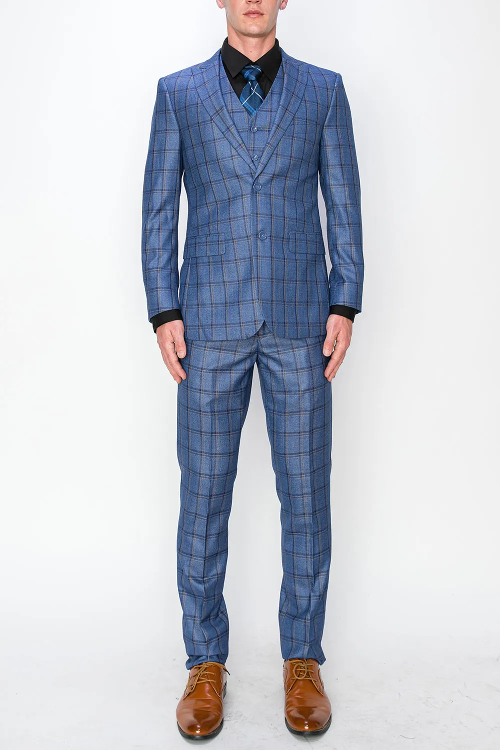 3 Piece Plaid Suit - Blue (072704)