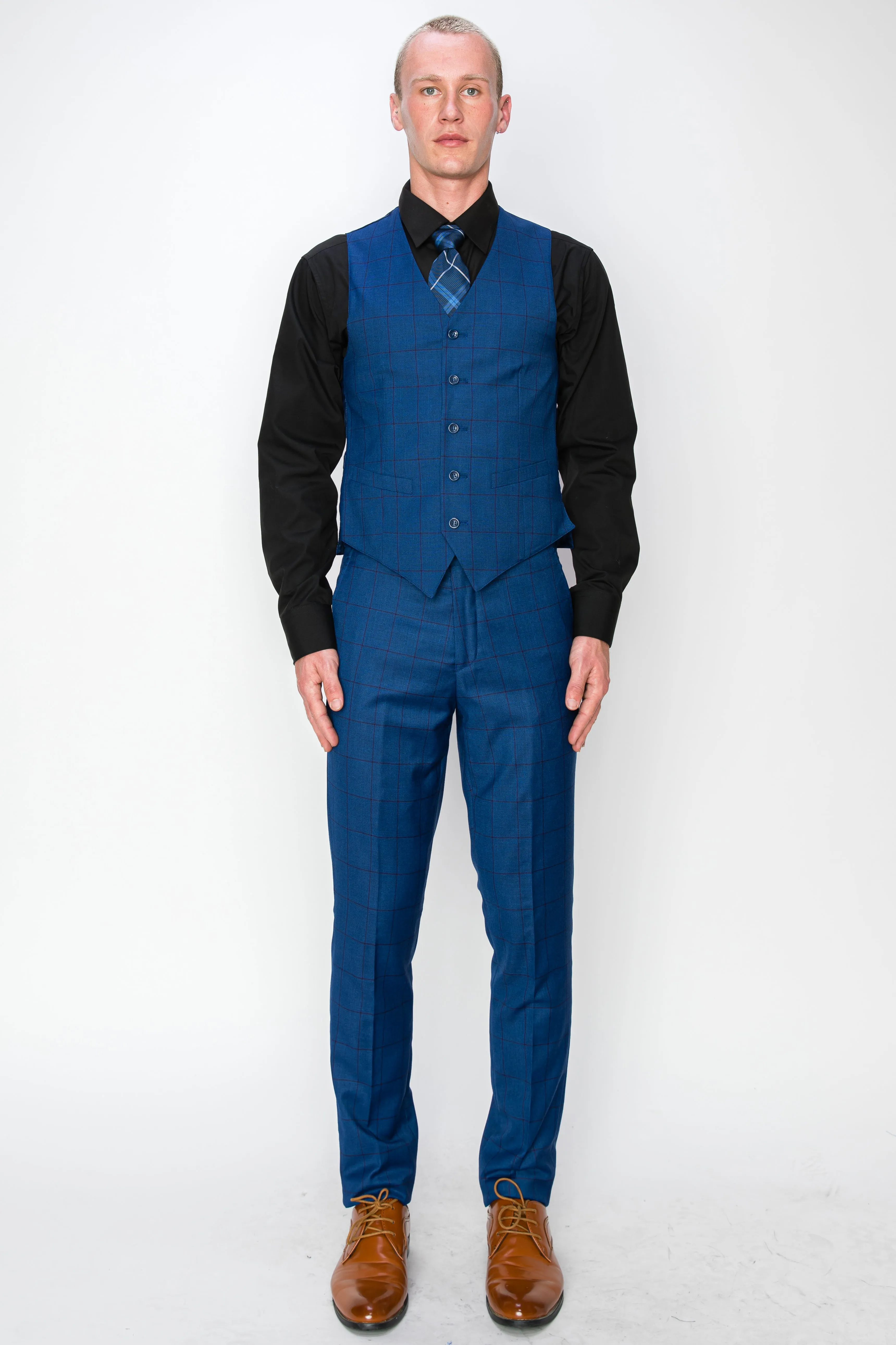 3 Piece Plaid Suit - Blue (870502)