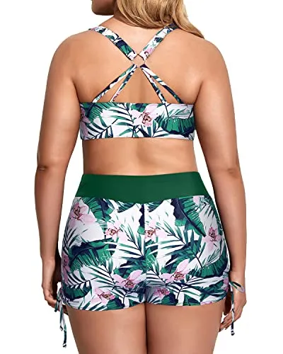 3 Piece Plus Size Tankini Swimsuits With Bikini Top And Boy Shorts-Green And White Floral