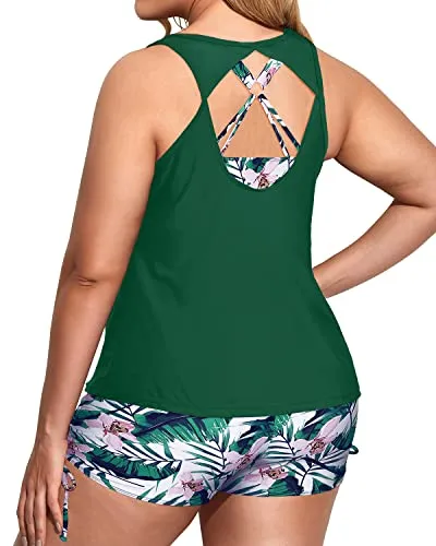 3 Piece Plus Size Tankini Swimsuits With Bikini Top And Boy Shorts-Green And White Floral