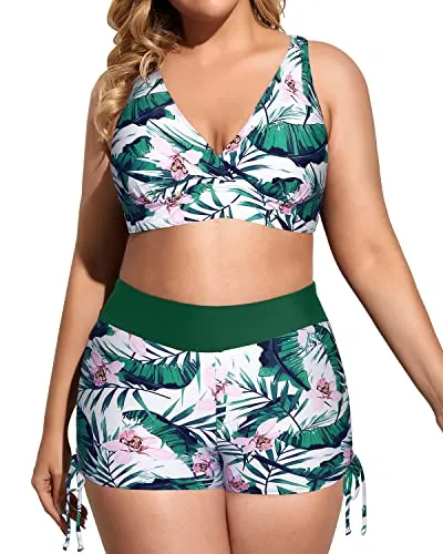 3 Piece Plus Size Tankini Swimsuits With Bikini Top And Boy Shorts-Green And White Floral