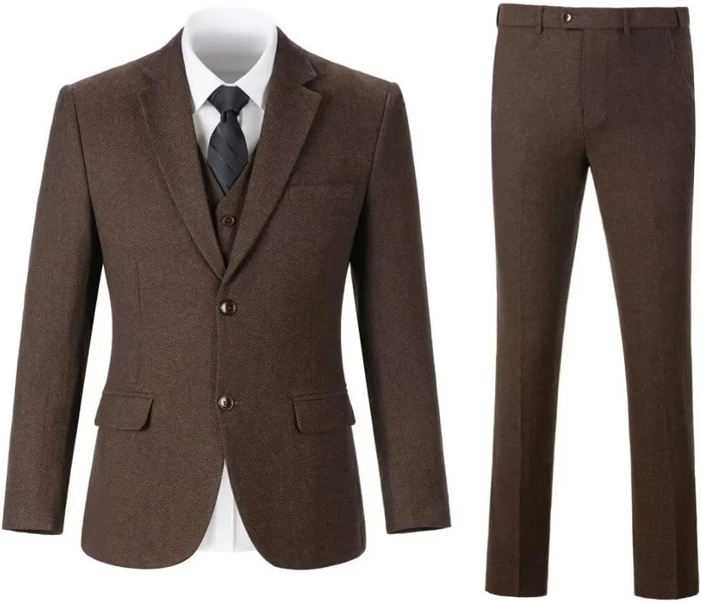 3 Piece Retro Tweed Suit Men Slim Fit Wool Blend Suits Blazer Vest Pants for Wedding Business Prom