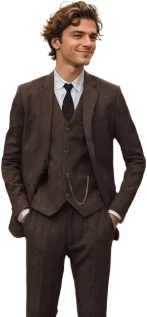 3 Piece Retro Tweed Suit Men Slim Fit Wool Blend Suits Blazer Vest Pants for Wedding Business Prom