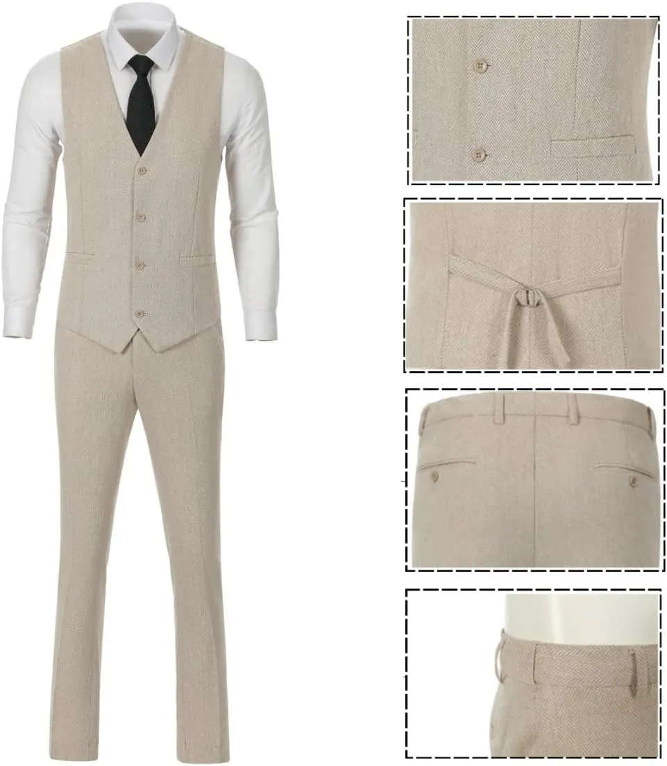3 Piece Retro Tweed Suit Men Slim Fit Wool Blend Suits Blazer Vest Pants for Wedding Business Prom