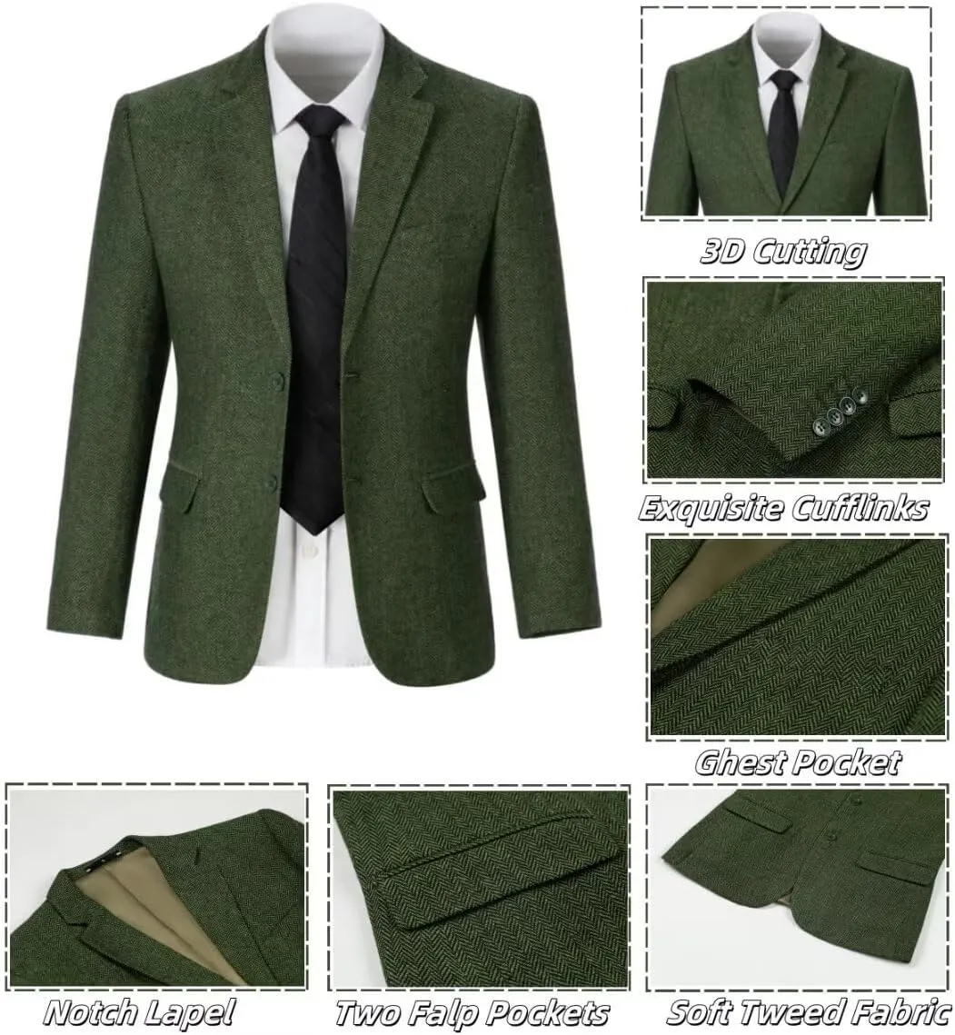 3 Piece Retro Tweed Suit Men Slim Fit Wool Blend Suits Blazer Vest Pants for Wedding Business Prom