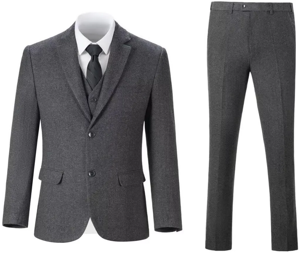 3 Piece Retro Tweed Suit Men Slim Fit Wool Blend Suits Blazer Vest Pants for Wedding Business Prom