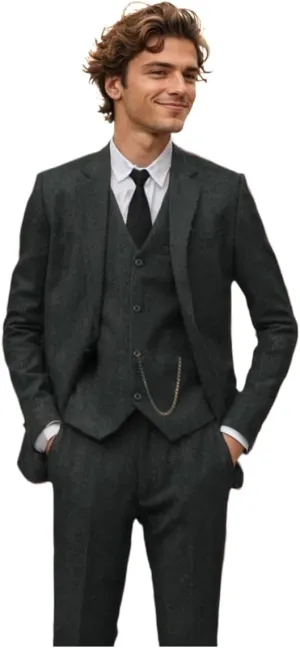 3 Piece Retro Tweed Suit Men Slim Fit Wool Blend Suits Blazer Vest Pants for Wedding Business Prom