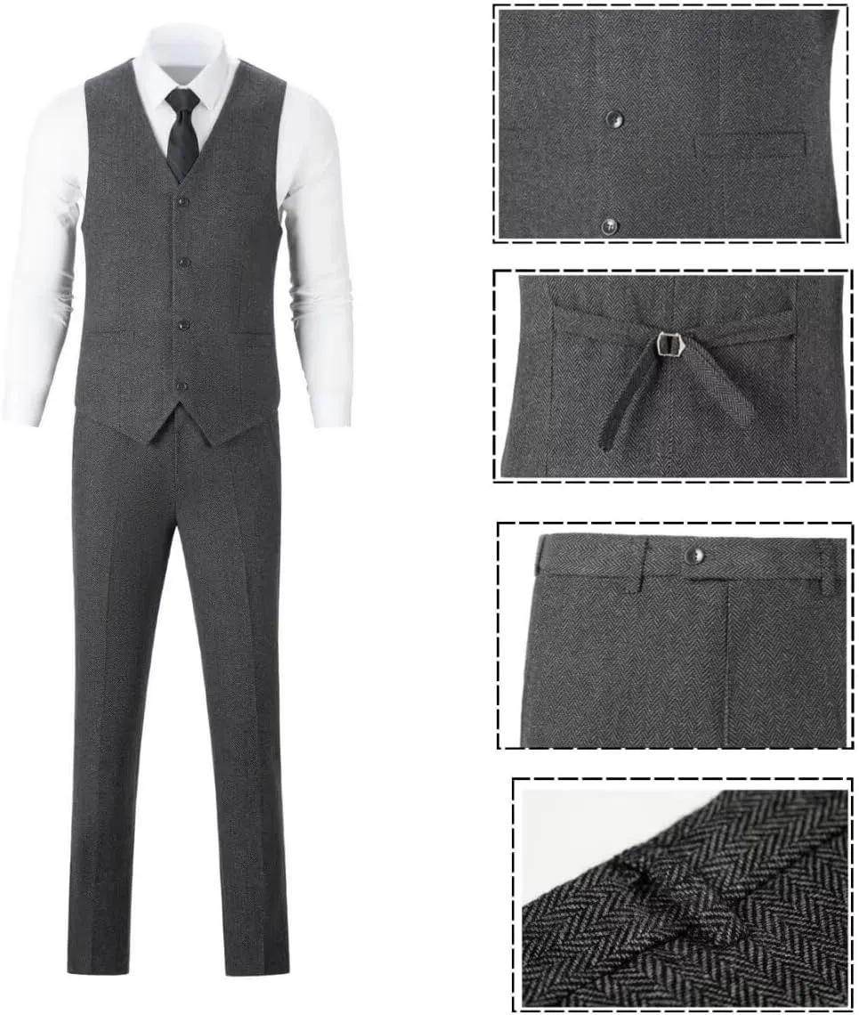 3 Piece Retro Tweed Suit Men Slim Fit Wool Blend Suits Blazer Vest Pants for Wedding Business Prom