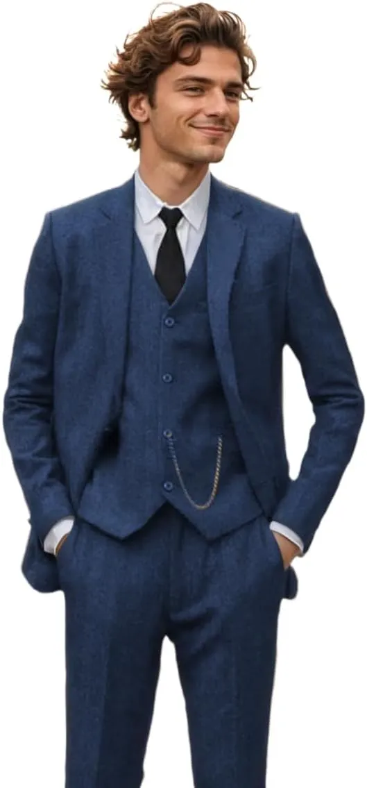 3 Piece Retro Tweed Suit Men Slim Fit Wool Blend Suits Blazer Vest Pants for Wedding Business Prom