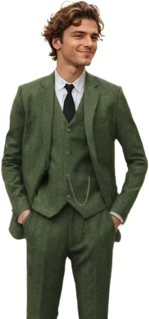 3 Piece Retro Tweed Suit Men Slim Fit Wool Blend Suits Blazer Vest Pants for Wedding Business Prom