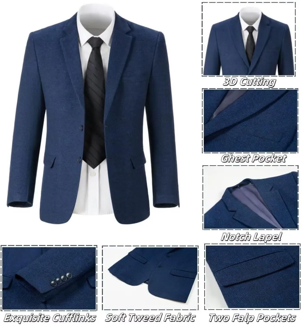 3 Piece Retro Tweed Suit Men Slim Fit Wool Blend Suits Blazer Vest Pants for Wedding Business Prom