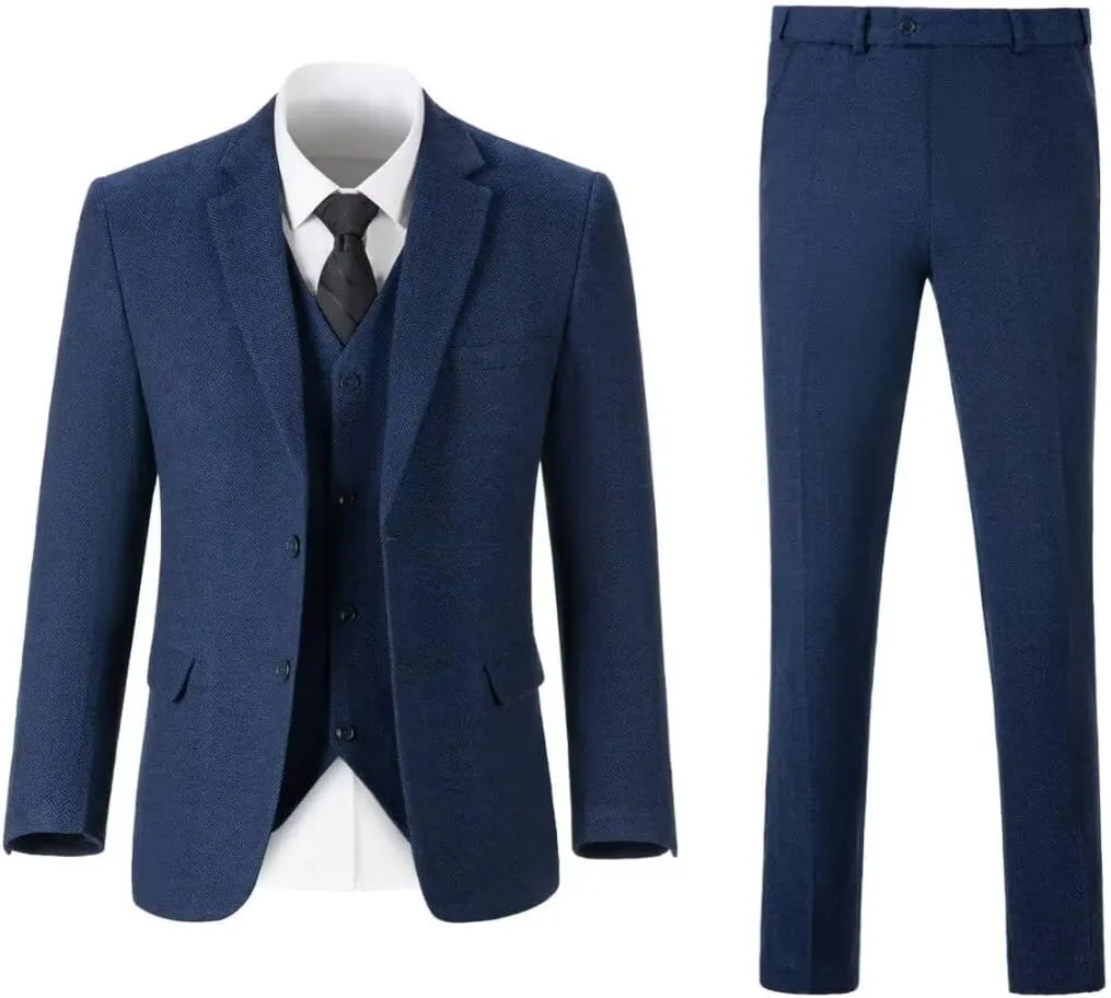 3 Piece Retro Tweed Suit Men Slim Fit Wool Blend Suits Blazer Vest Pants for Wedding Business Prom