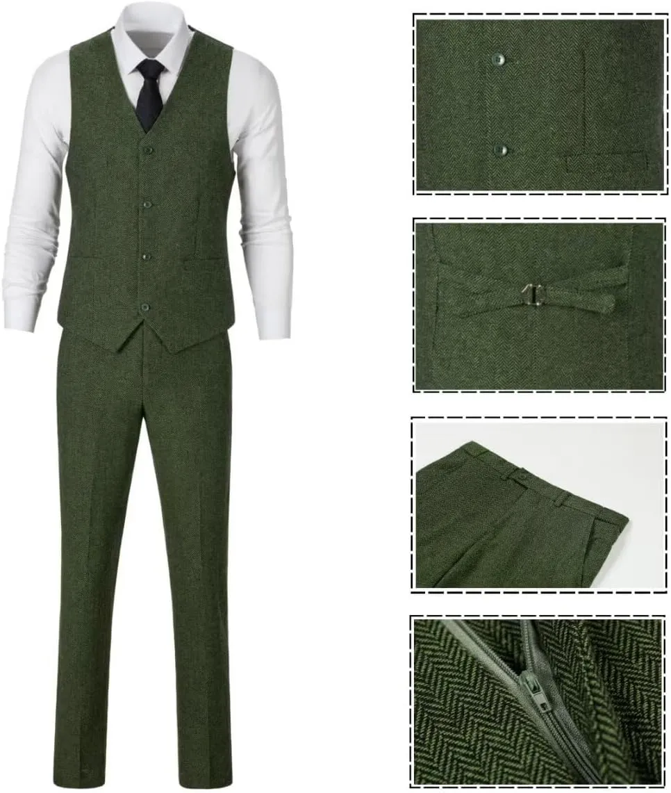 3 Piece Retro Tweed Suit Men Slim Fit Wool Blend Suits Blazer Vest Pants for Wedding Business Prom