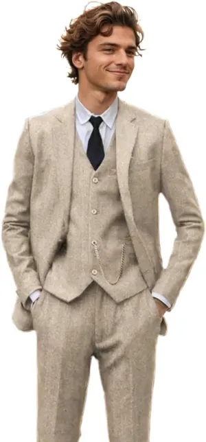 3 Piece Retro Tweed Suit Men Slim Fit Wool Blend Suits Blazer Vest Pants for Wedding Business Prom