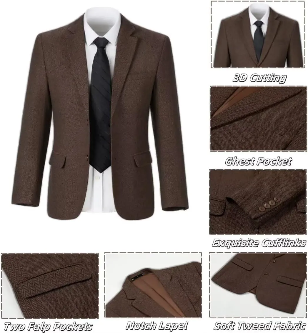3 Piece Retro Tweed Suit Men Slim Fit Wool Blend Suits Blazer Vest Pants for Wedding Business Prom