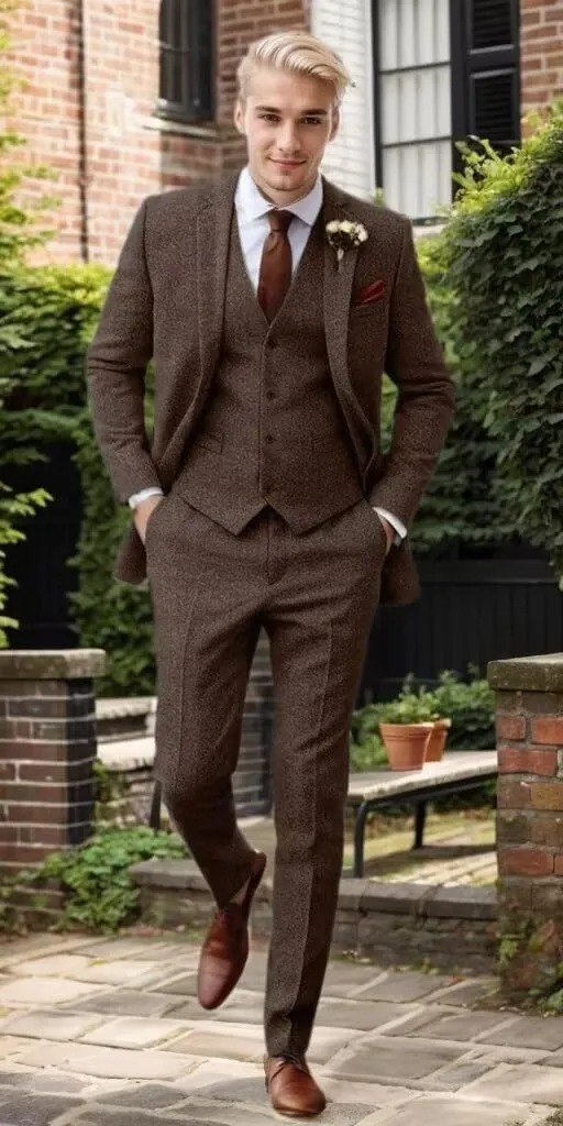 3 Piece Retro Tweed Suit Men Slim Fit Wool Blend Suits Blazer Vest Pants for Wedding Business Prom