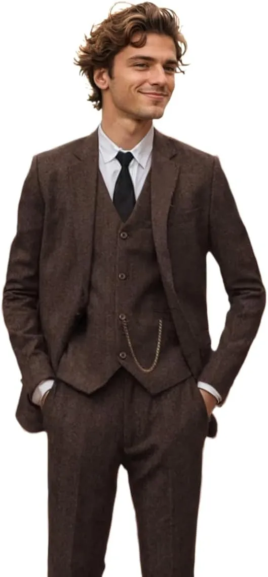 3 Piece Retro Tweed Suit Men Slim Fit Wool Blend Suits Blazer Vest Pants for Wedding Business Prom