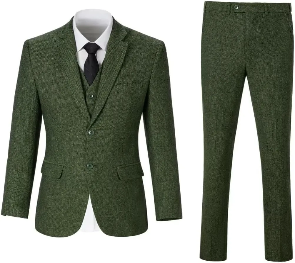 3 Piece Retro Tweed Suit Men Slim Fit Wool Blend Suits Blazer Vest Pants for Wedding Business Prom