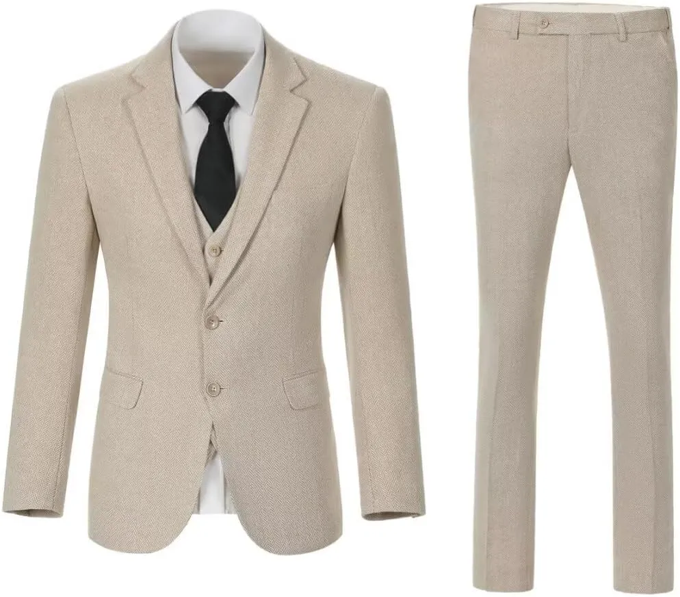 3 Piece Retro Tweed Suit Men Slim Fit Wool Blend Suits Blazer Vest Pants for Wedding Business Prom