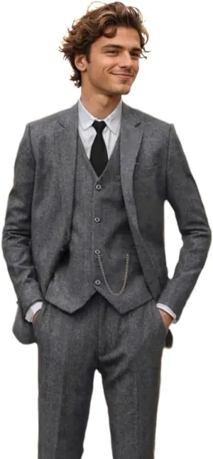 3 Piece Retro Tweed Suit Men Slim Fit Wool Blend Suits Blazer Vest Pants for Wedding Business Prom