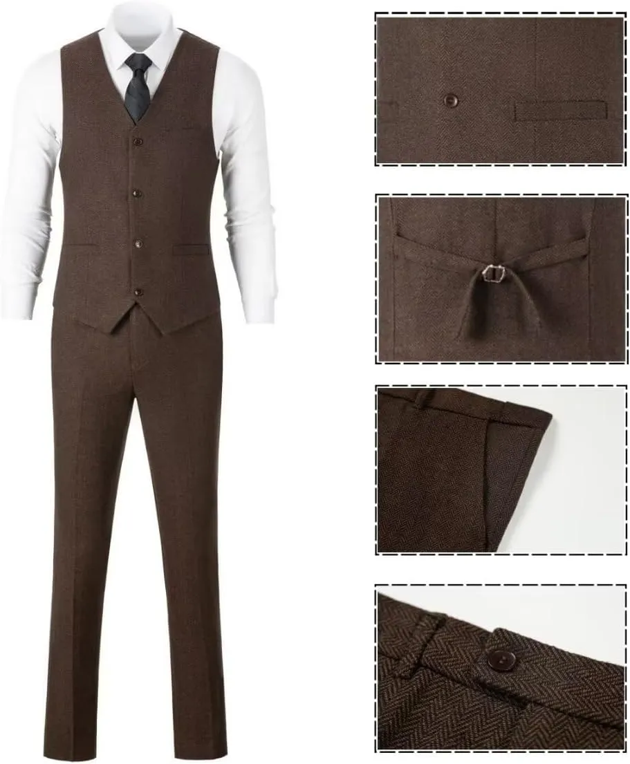 3 Piece Retro Tweed Suit Men Slim Fit Wool Blend Suits Blazer Vest Pants for Wedding Business Prom