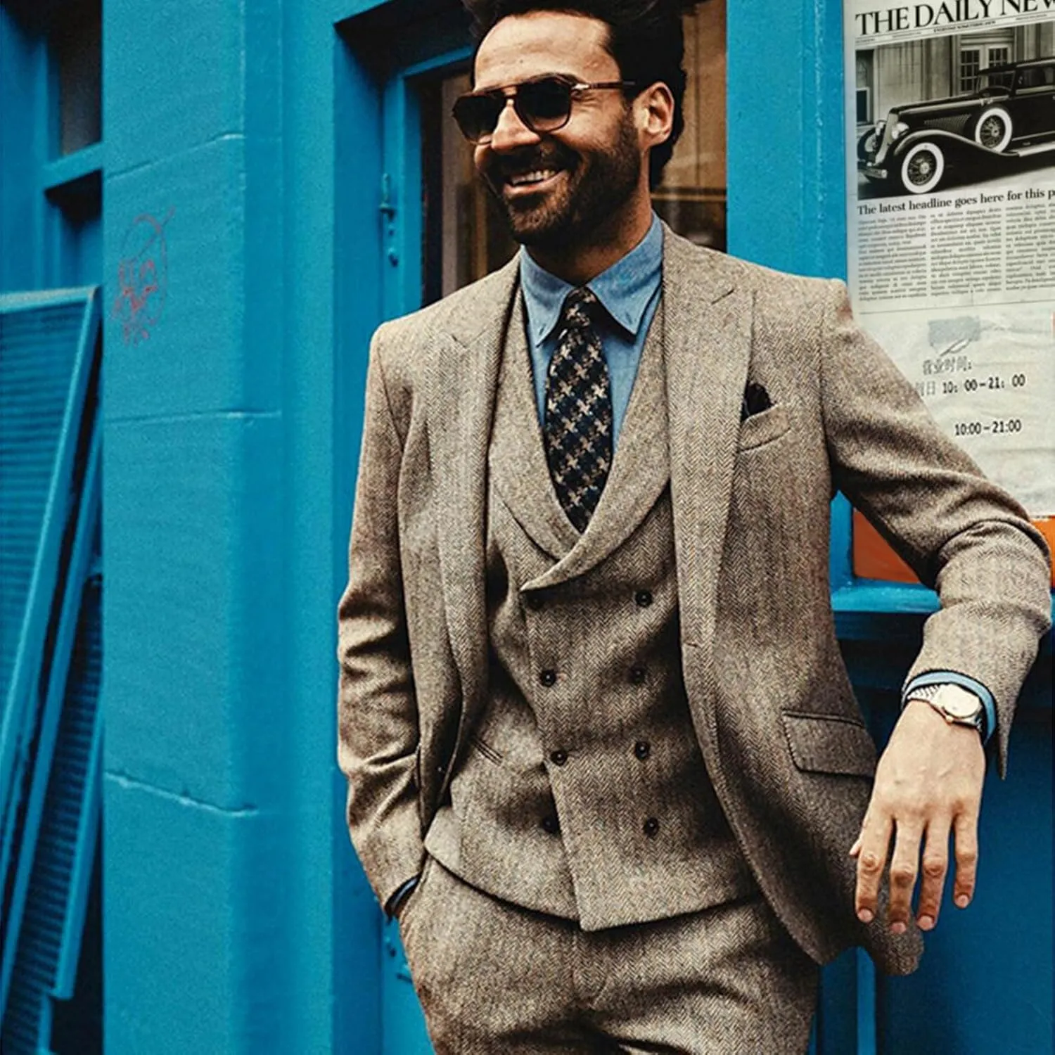 3 Piece Suits for Men Tweed Herringbone Men's Suits Slim Fit Double Breasted Vest Tuxedos Suits Pants Set for Men