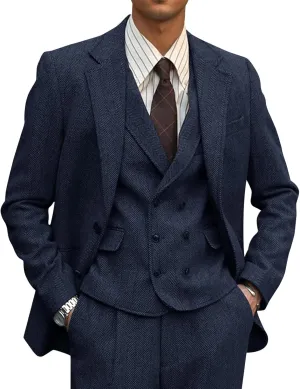 3 Piece Suits for Men Tweed Herringbone Men's Suits Slim Fit Double Breasted Vest Tuxedos Suits Pants Set for Men