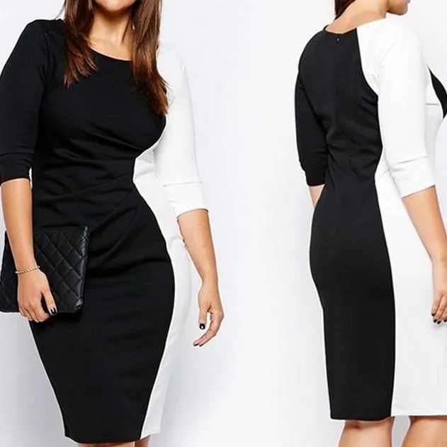 3/4 sleeve Hit Color Patchwork Plus size bodycon Dresses