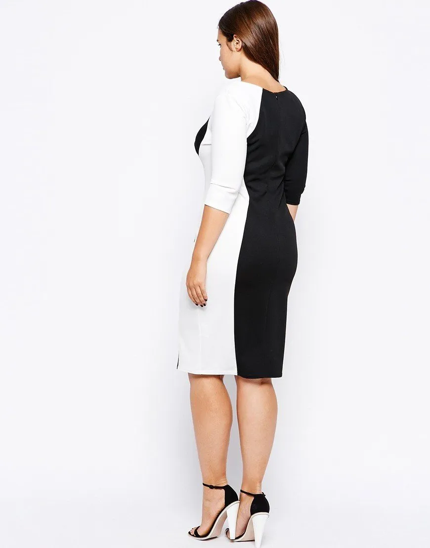 3/4 sleeve Hit Color Patchwork Plus size bodycon Dresses