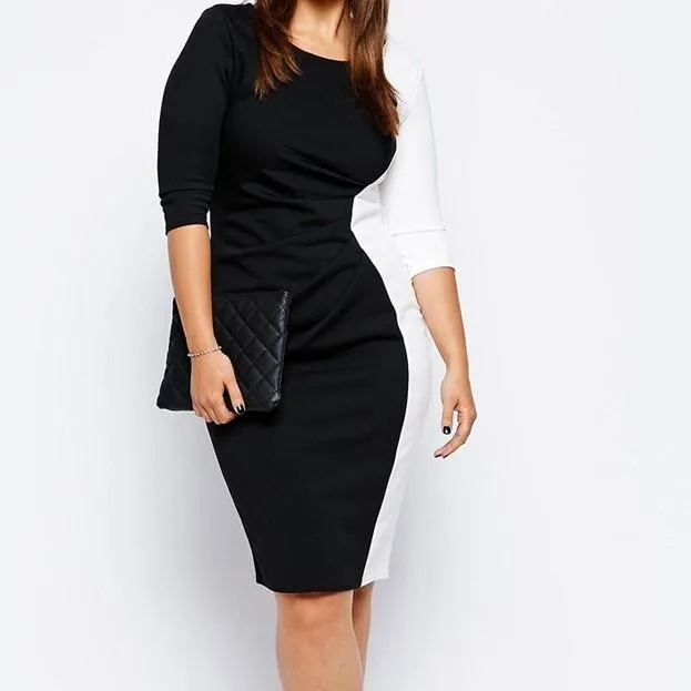 3/4 sleeve Hit Color Patchwork Plus size bodycon Dresses