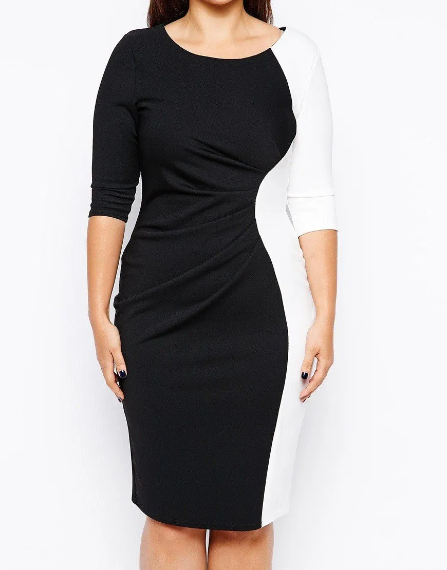 3/4 sleeve Hit Color Patchwork Plus size bodycon Dresses