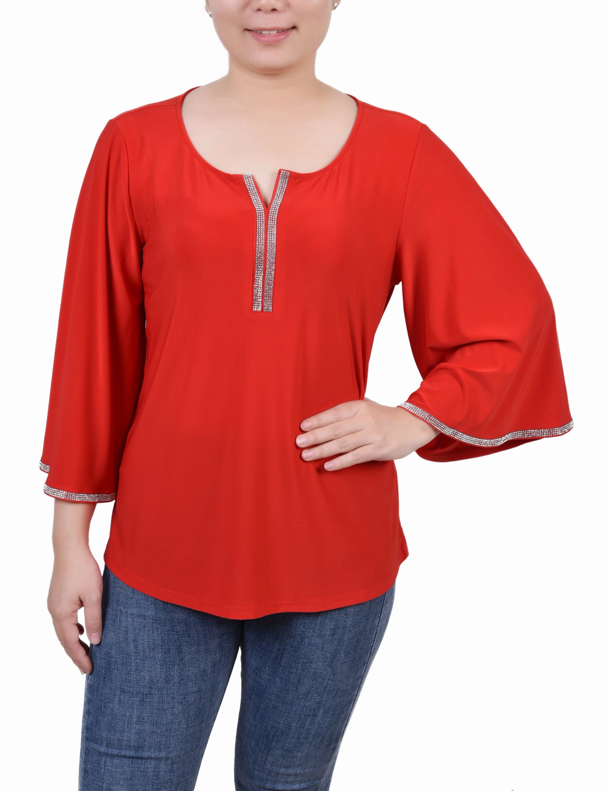 3/4 Bell Sleeve Top With Stones Microfiber texture