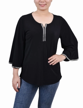 3/4 Bell Sleeve Top With Stones Long Sleeve Polo
