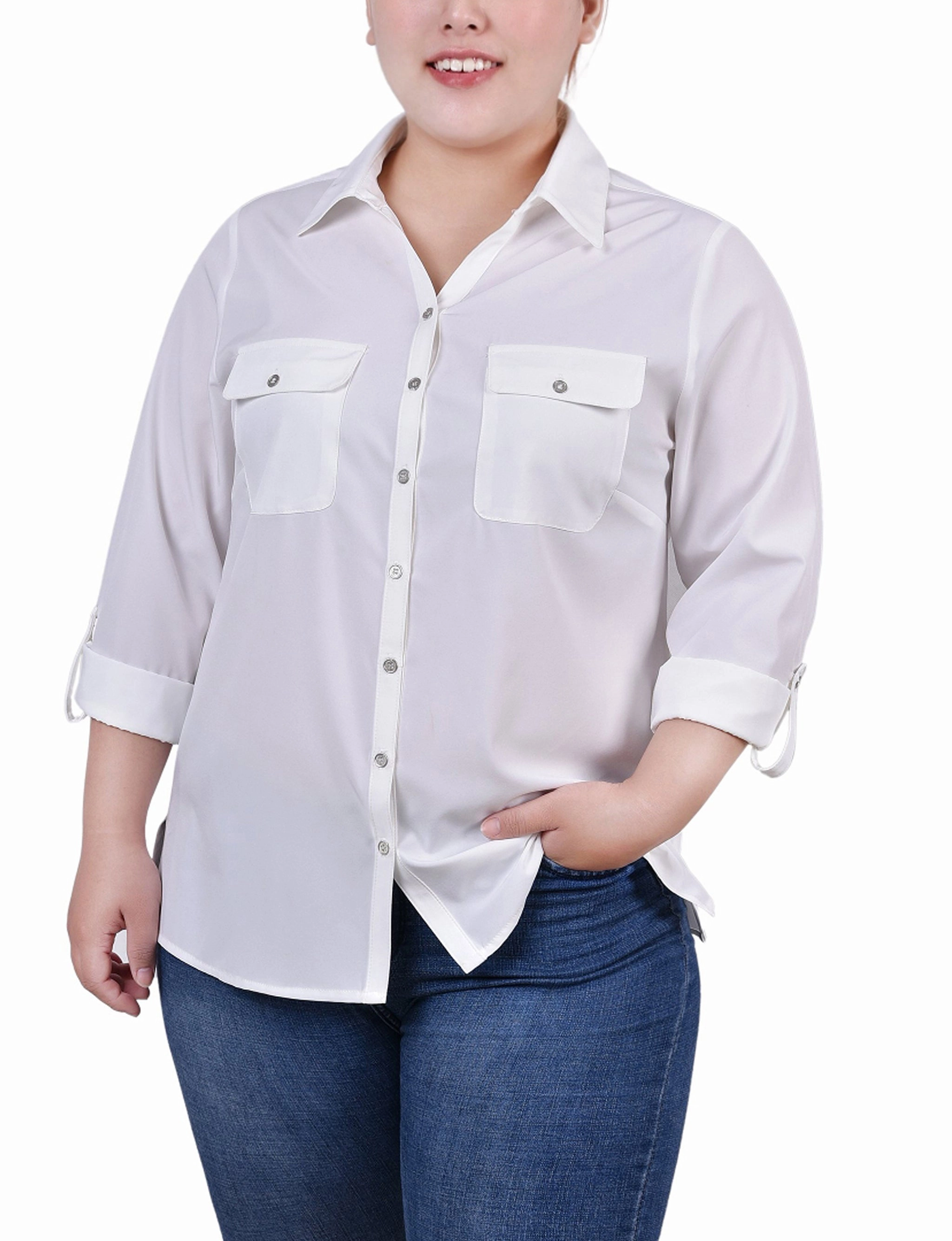 Neutral Tone Palette ErgonomicSleeves 3/4 Roll Tab Blouse With Pockets