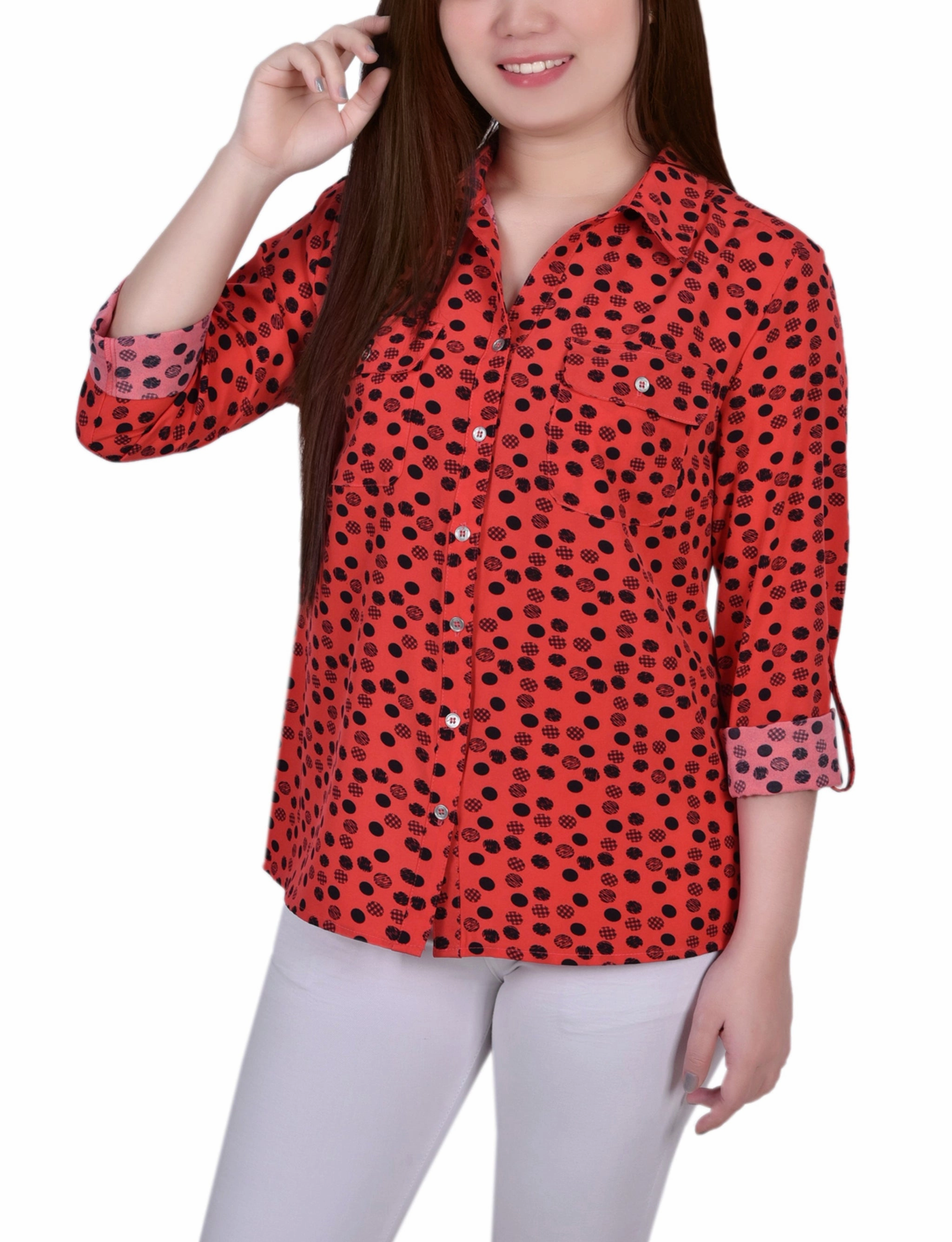 3/4 Roll Tab Blouse With Pockets Wrinkle Resistant Finish