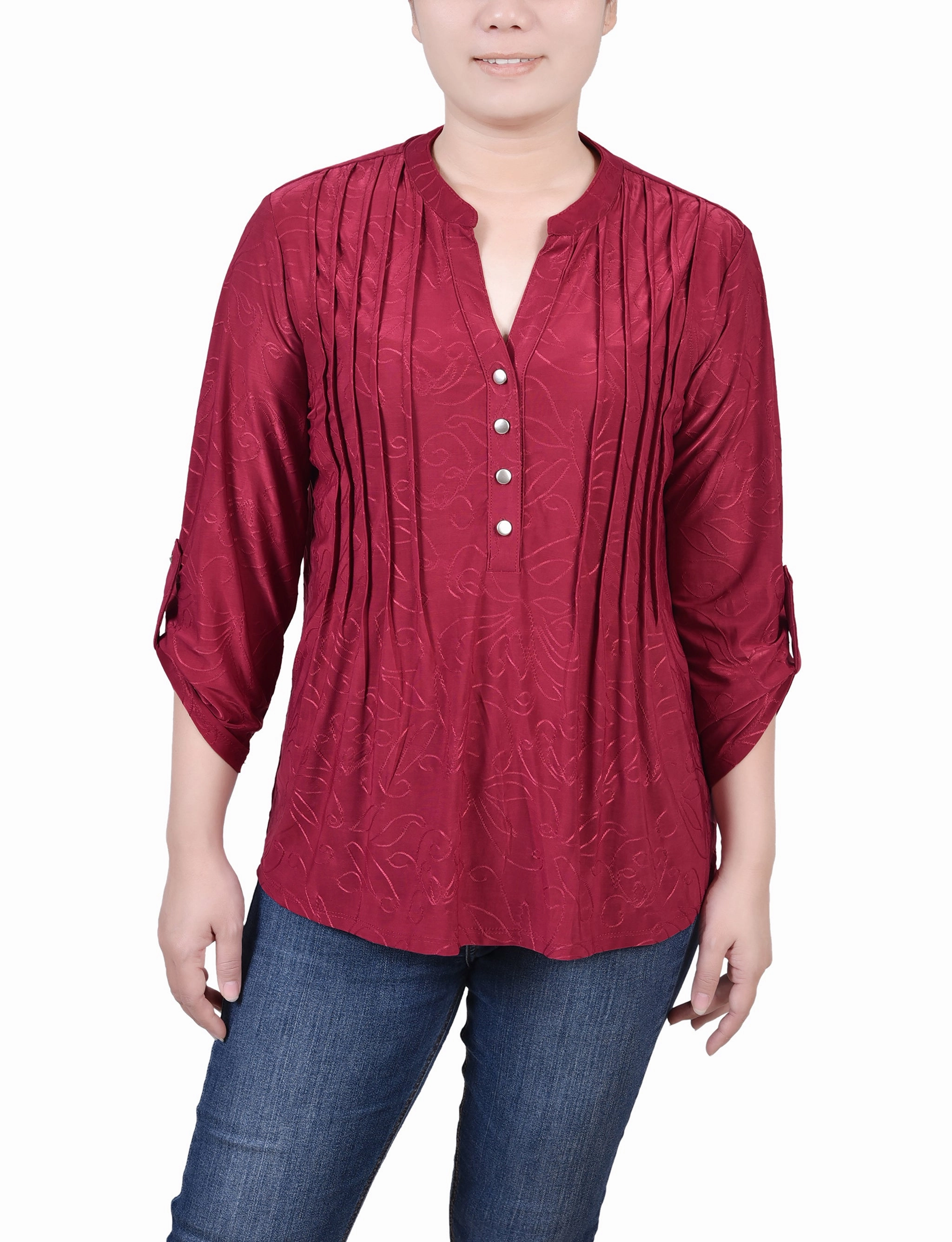 DurableCollarStays Earthy Tone Colorways 3/4 Roll Tab Pullover Top