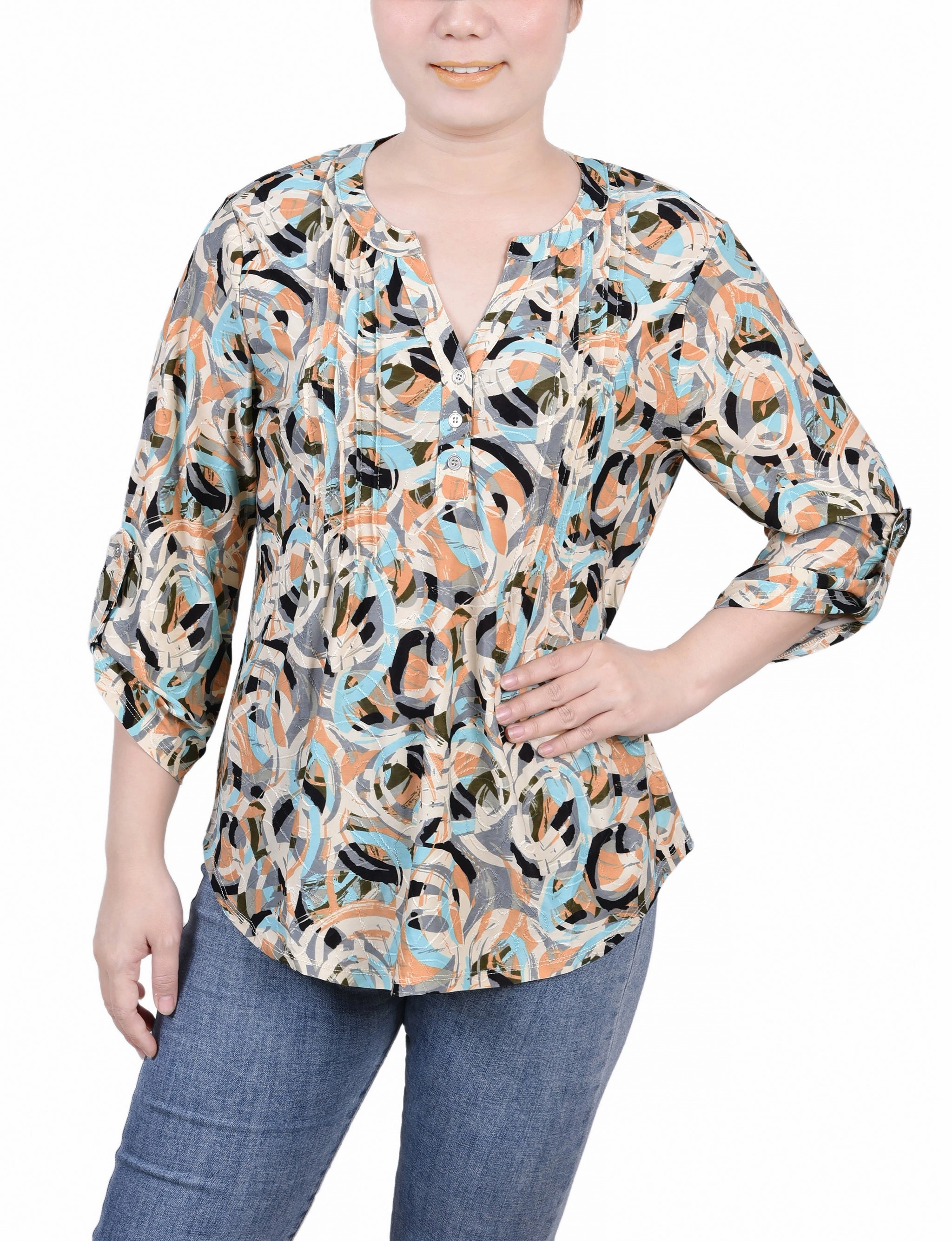 CushionedSupport BondedShoulder 3/4 Roll Tab Pullover Top