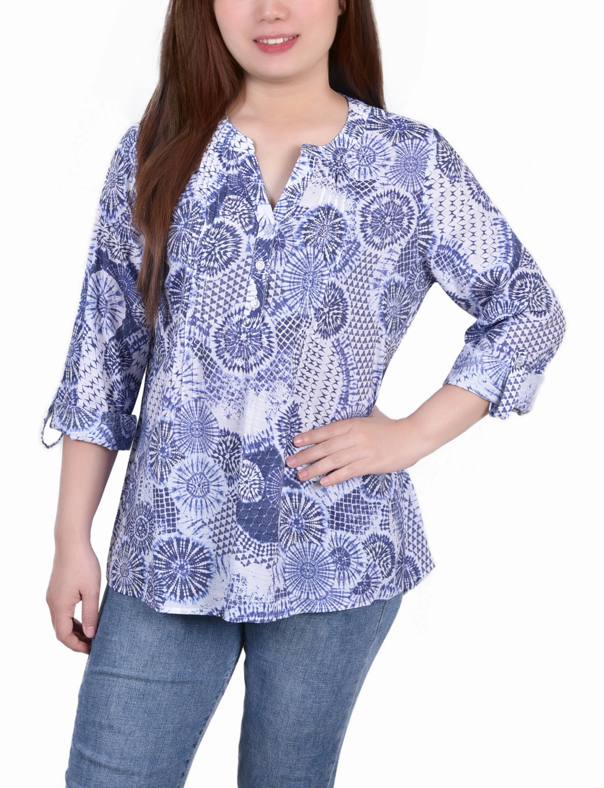 Stretch Woven Material 3/4 Roll Tab Sleeve Blouse