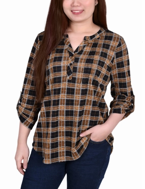 3/4 Roll Tab Sleeve Y Neck Top Eco Dye Process Elastic Edge Binding