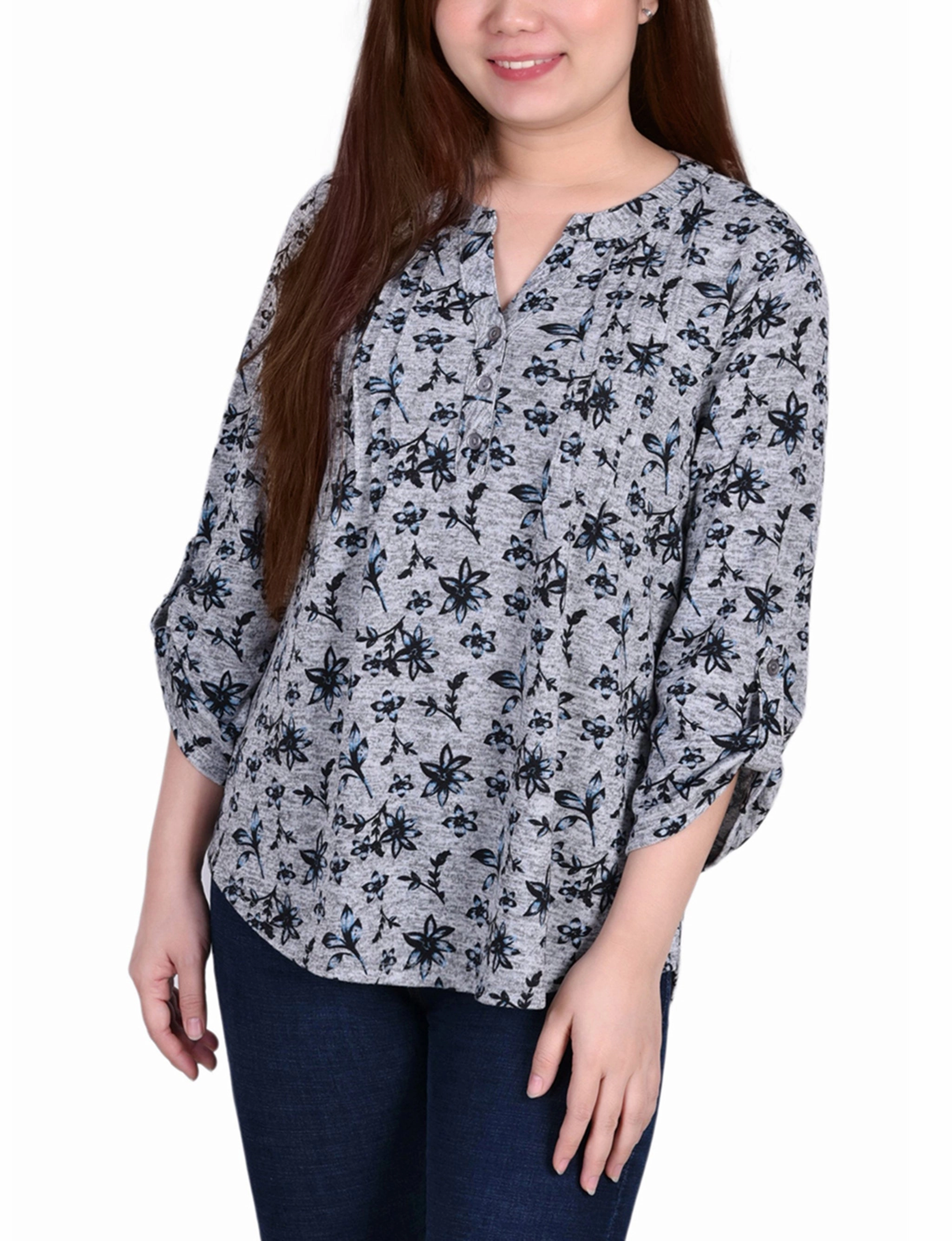 Quick Access Zipper 3/4 Roll Tab Sleeve Y Neck Top