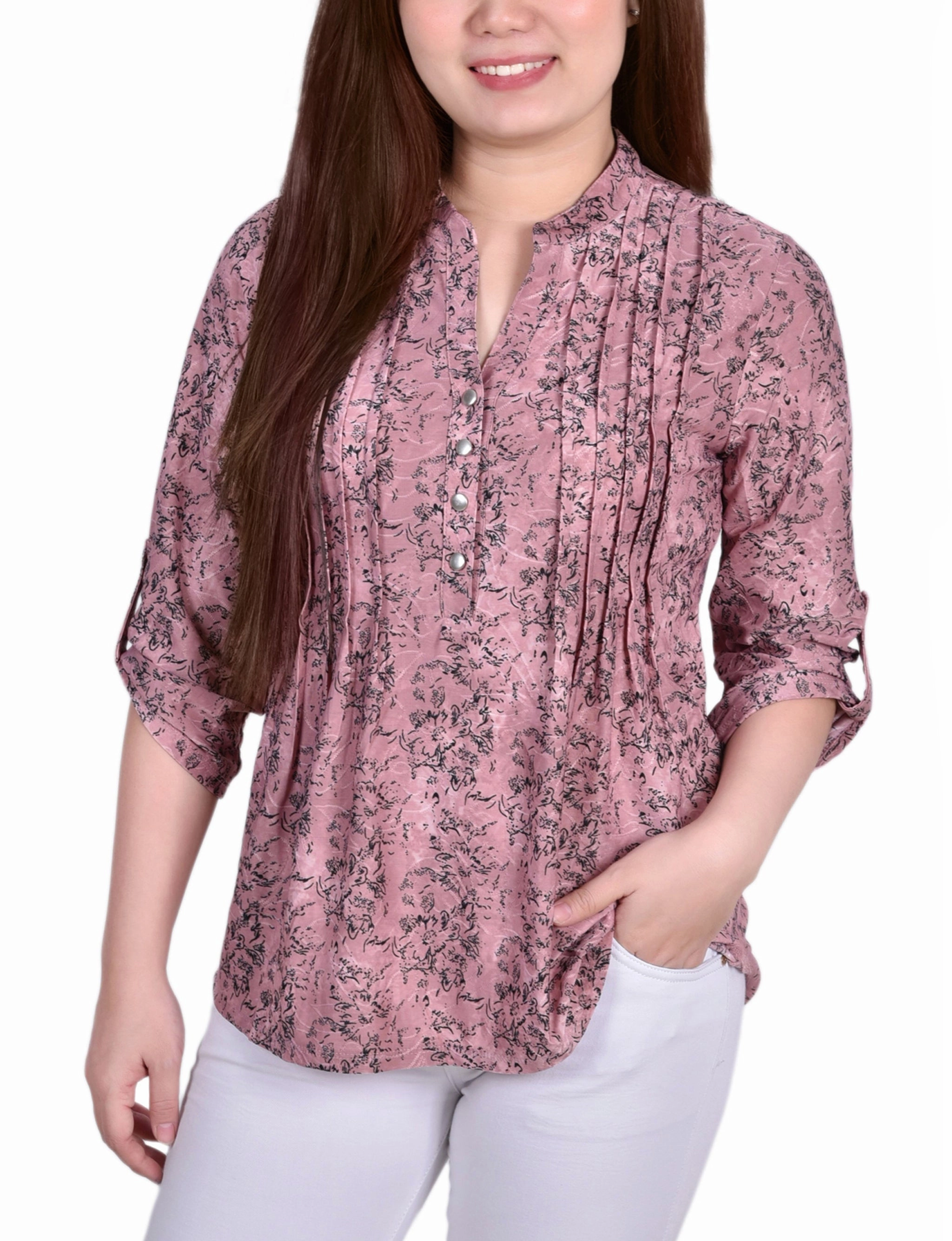 Tailored Silhouette Breathable Hoodie 3/4 Roll Tab Sleeve Y Neck Top