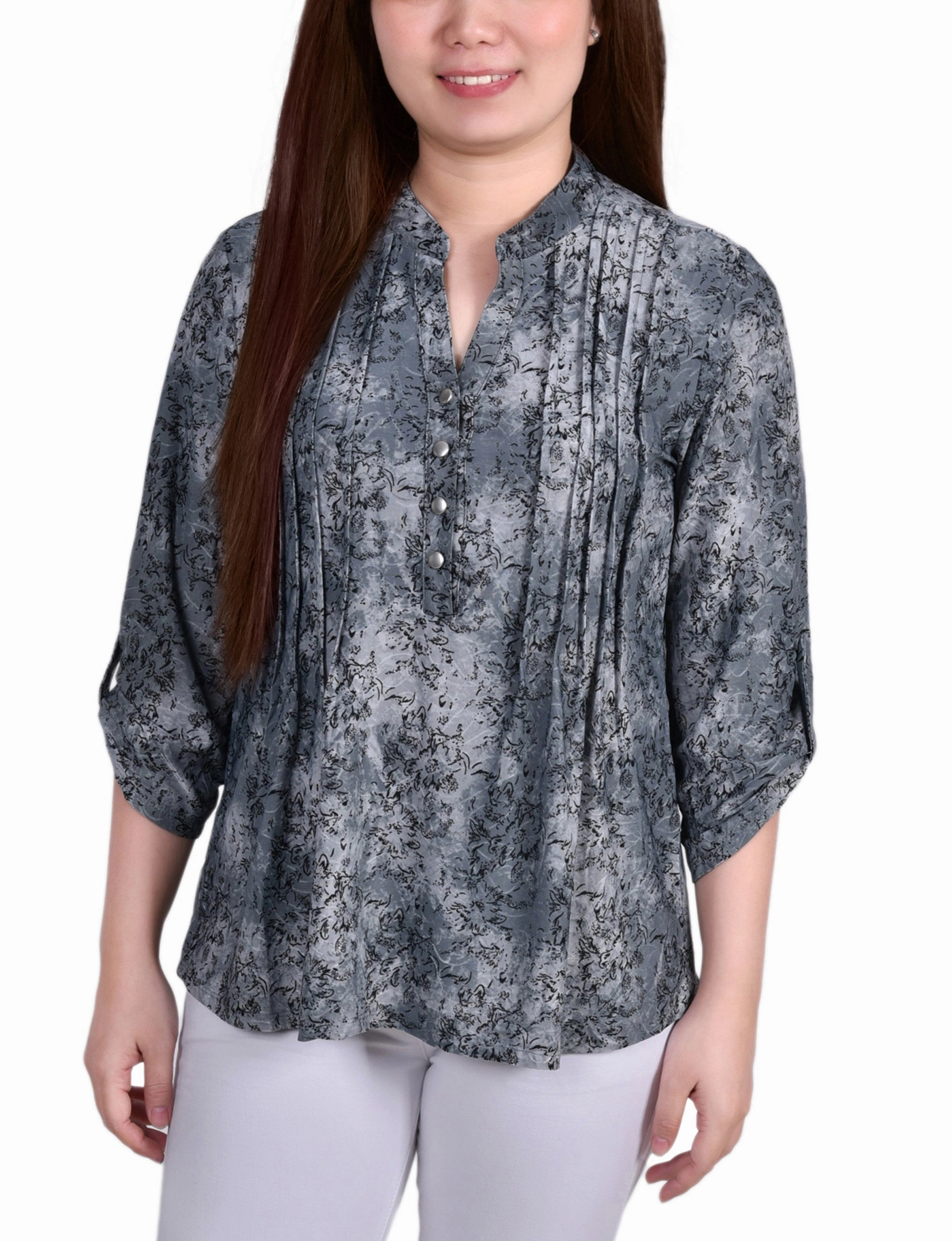 3/4 Roll Tab Sleeve Y Neck Top Adjustable Hem Cuff Flexible Neckline