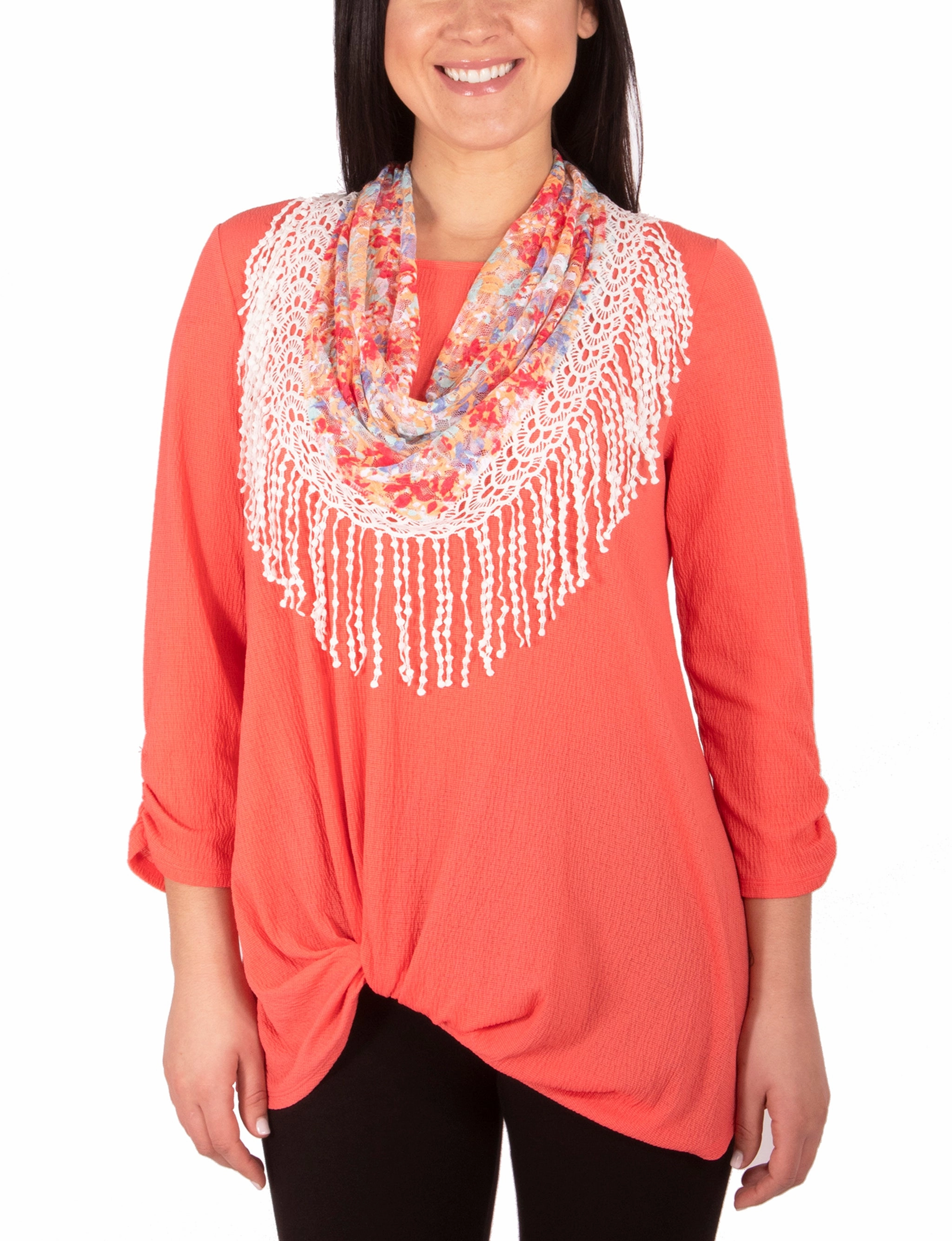 AllDay Comfort Tech 3/4 Ruched Sleeve Knot Top With Fringe Tassel Scarf