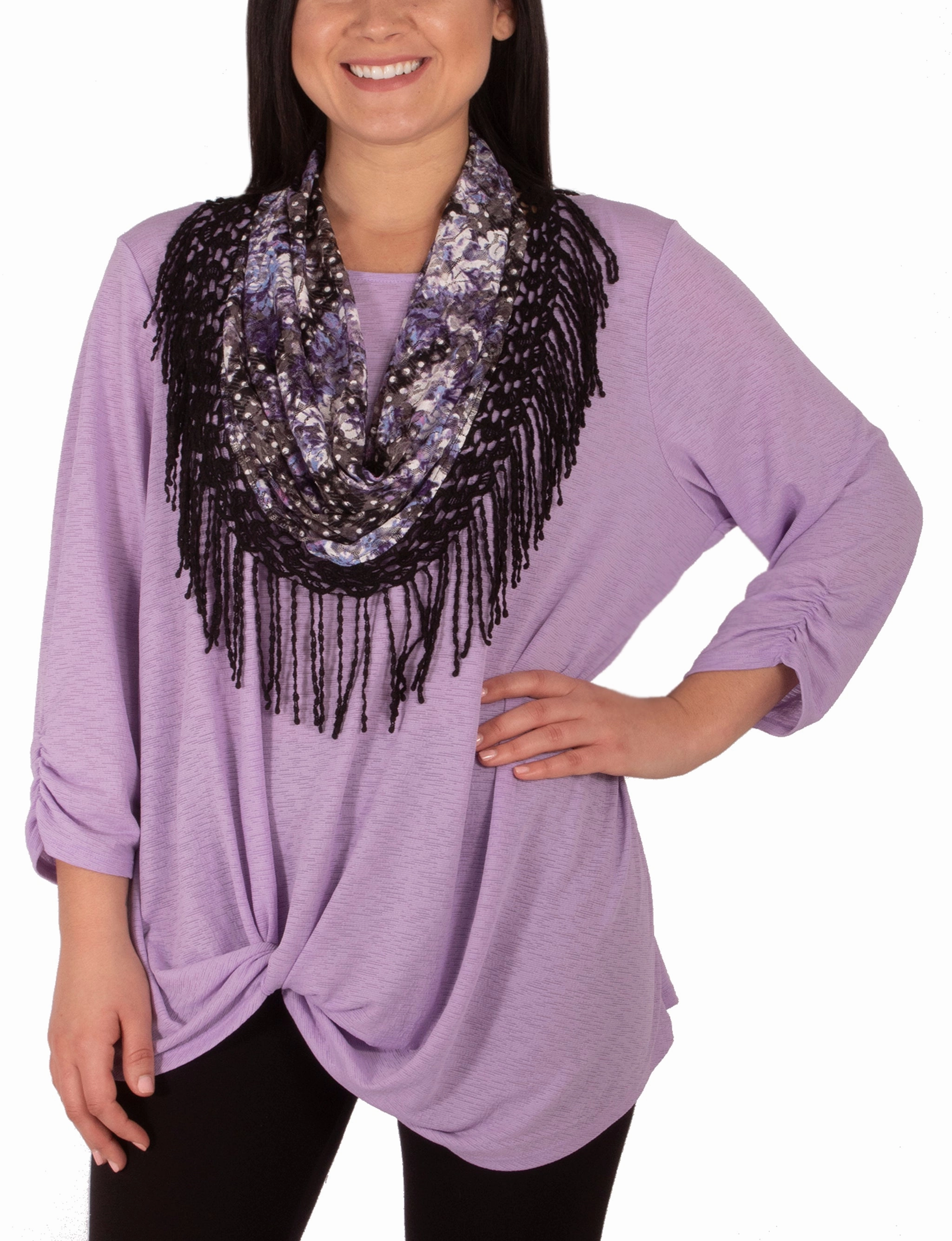 3/4 Ruched Sleeve Knot Top With Fringe Tassel Scarf EcoFriendly Manufacturing