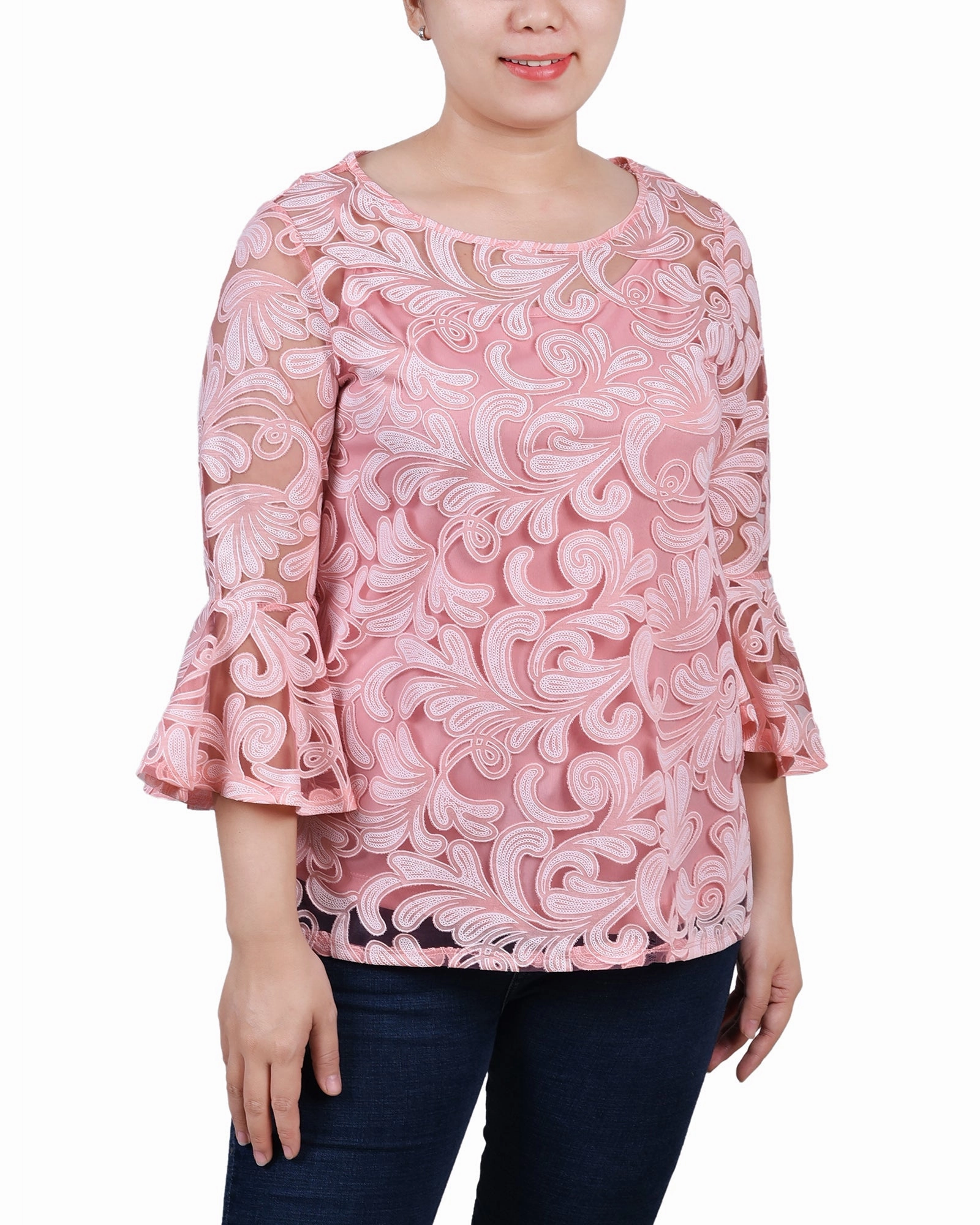 3/4 Sleeve Burnout Top With Matching Camisole Light Deflection Fabric