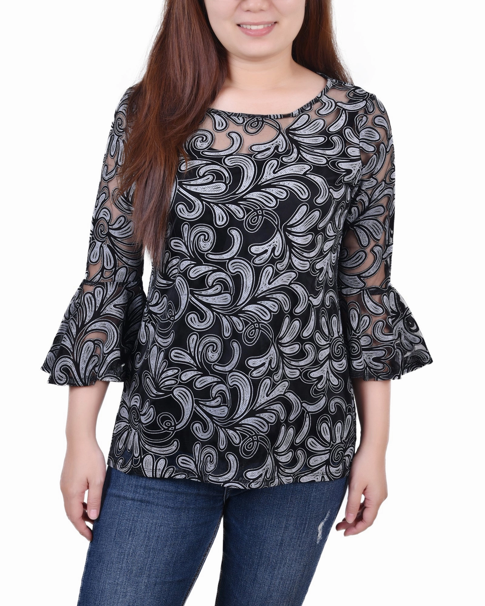 FrictionFreeNeckline 3/4 Sleeve Burnout Top With Matching Camisole